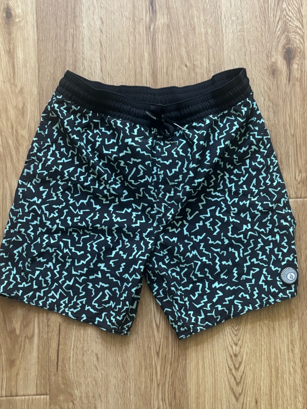 Kids L/10 Volcom Black Swim Shorts with Aqua Print